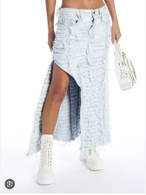 AKIRA Light Blue Distressed Maxi Skirt with High Side Slit